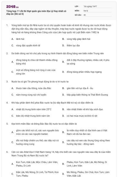 Tổng hợp 11 đề thi thpt quốc gia môn Địa Lý Hay nhất có đáp án (Đề số 6)