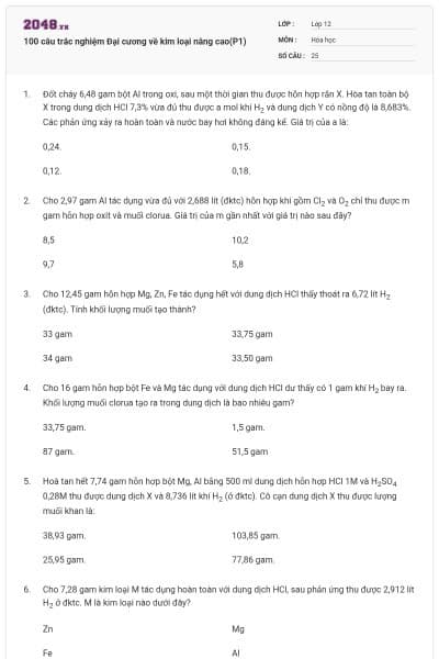 100 câu trắc nghiệm Đại cương về kim loại nâng cao(P1)