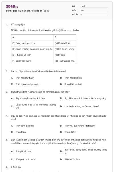 Đề thi giữa kì 2 Văn lớp 7 có đáp án (Đề 1)