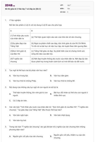 Đề thi giữa kì 2 Văn lớp 7 có đáp án (Đề 2)