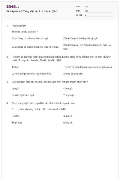 Đề thi giữa kì 2 Tiếng Việt lớp 7 có đáp án (Đề 1)