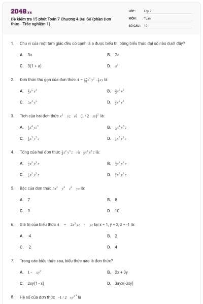 Đề kiểm tra 15 phút Toán 7 Chương 4 Đại Số (phần Đơn thức - Trắc nghiệm 1)