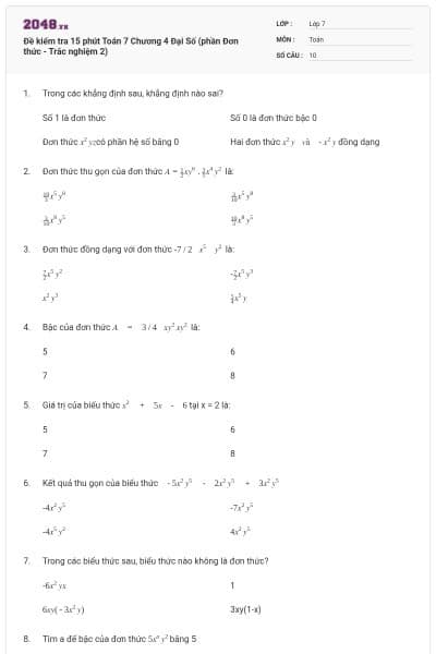 Đề kiểm tra 15 phút Toán 7 Chương 4 Đại Số (phần Đơn thức - Trắc nghiệm 2)