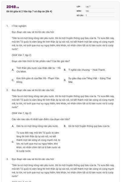 Đề thi giữa kì 2 Văn lớp 7 có đáp án (Đề 4)