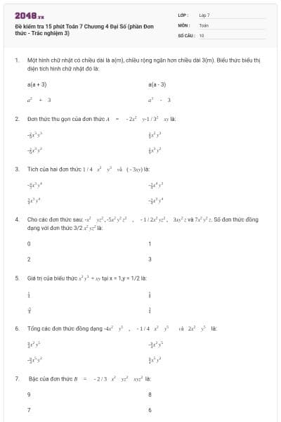 Đề kiểm tra 15 phút Toán 7 Chương 4 Đại Số (phần Đơn thức - Trắc nghiệm 3)