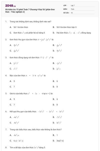Đề kiểm tra 15 phút Toán 7 Chương 4 Đại Số (phần Đơn thức - Trắc nghiệm 2)