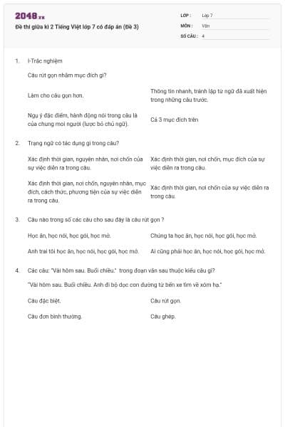 Đề thi giữa kì 2 Tiếng Việt lớp 7 có đáp án (Đề 3)