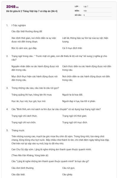 Đề thi giữa kì 2 Tiếng Việt lớp 7 có đáp án (Đề 4)