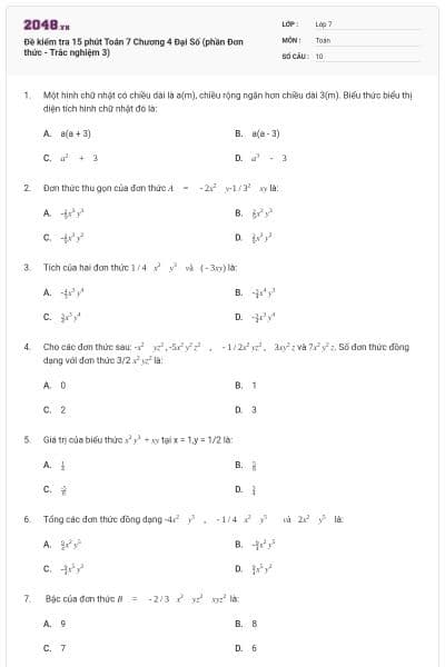 Đề kiểm tra 15 phút Toán 7 Chương 4 Đại Số (phần Đơn thức - Trắc nghiệm 3)