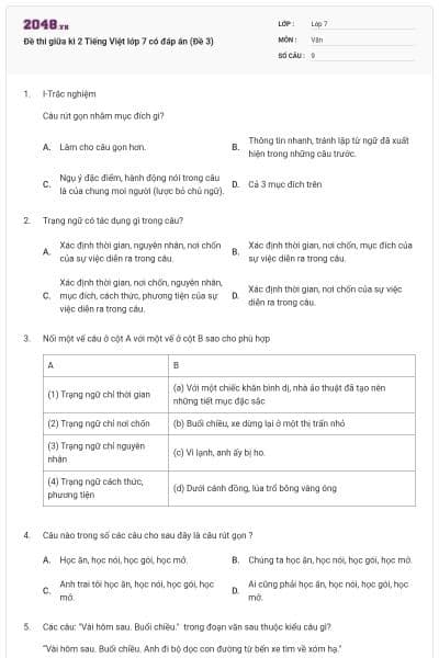 Đề thi giữa kì 2 Tiếng Việt lớp 7 có đáp án (Đề 3)