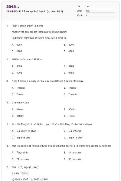 Đề thi Giữa kì 2 Toán lớp 3 có đáp án (cơ bản - Đề 1)