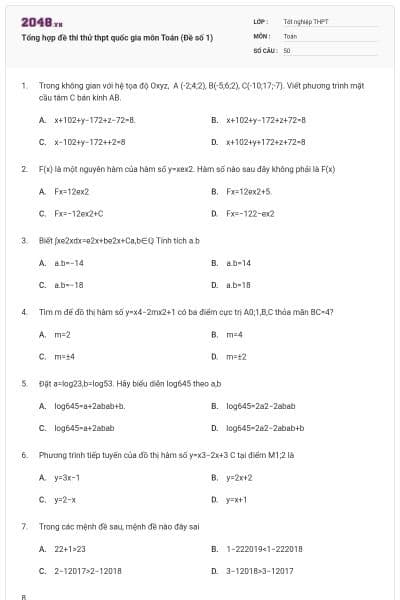 Tổng hợp đề thi thử thpt quốc gia môn Toán (Đề số 1)