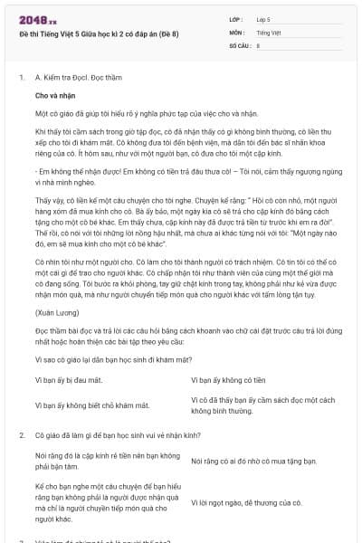 Đề thi Tiếng Việt 5 Giữa học kì 2 có đáp án (Đề 8)