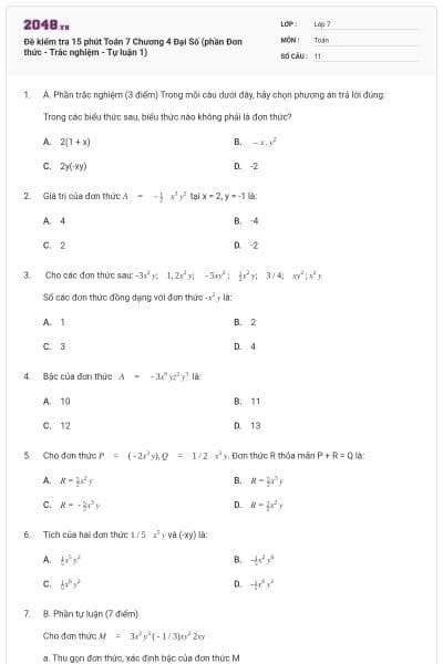 Đề kiểm tra 15 phút Toán 7 Chương 4 Đại Số (phần Đơn thức - Trắc nghiệm - Tự luận 1)