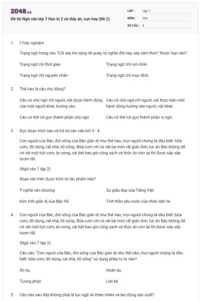 Đề thi Ngữ văn lớp 7 Học kì 2 có đáp án, cực hay (Đề 2)