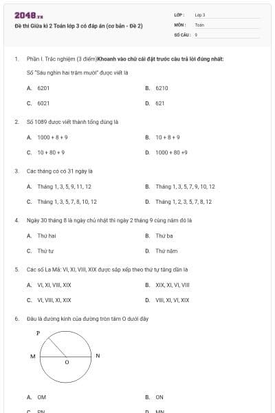 Đề thi Giữa kì 2 Toán lớp 3 có đáp án (cơ bản - Đề 2)