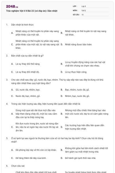 Trắc nghiệm Vật lí 8 Bài 22 (có đáp án): Dẫn nhiệt