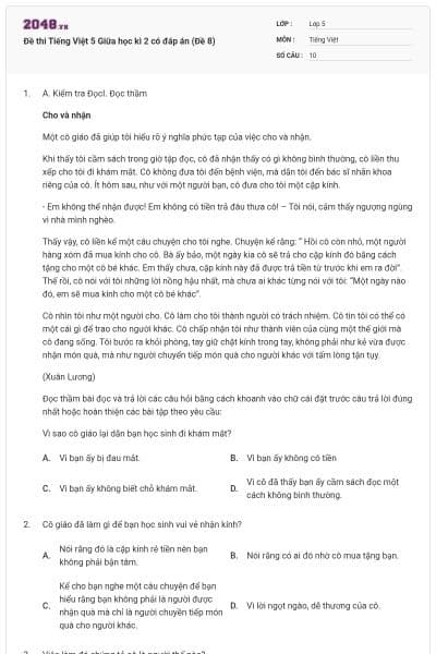 Đề thi Tiếng Việt 5 Giữa học kì 2 có đáp án (Đề 8)