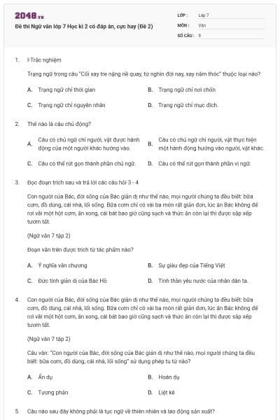 Đề thi Ngữ văn lớp 7 Học kì 2 có đáp án, cực hay (Đề 2)