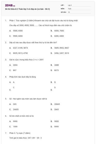 Đề thi Giữa kì 2 Toán lớp 3 có đáp án (cơ bản - Đề 3)