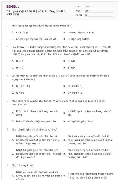 Trắc nghiệm Vật lí 8 Bài 24 (có đáp án): Công thức tính nhiệt lượng