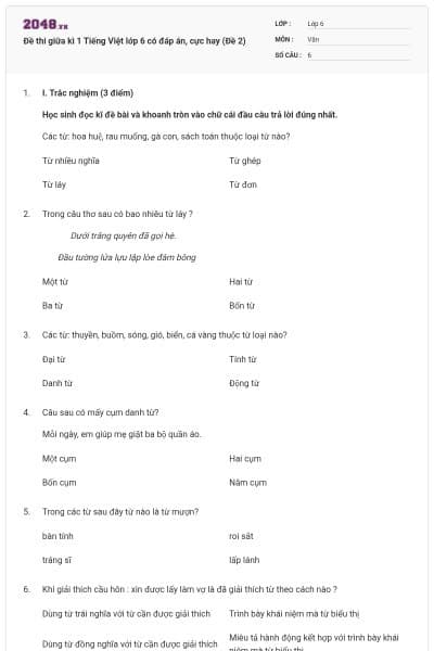 Đề thi giữa kì 1 Tiếng Việt lớp 6 có đáp án, cực hay (Đề 2)