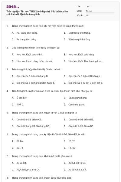 Trắc nghiệm Tin học 7 Bài 2 (có đáp án): Các thành phần chính và dữ liệu trên trang tính