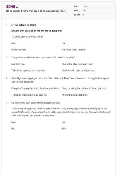 Đề thi giữa kì 1 Tiếng Việt lớp 6 có đáp án, cực hay (Đề 4)