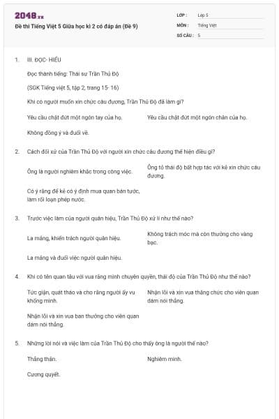 Đề thi Tiếng Việt 5 Giữa học kì 2 có đáp án (Đề 9)