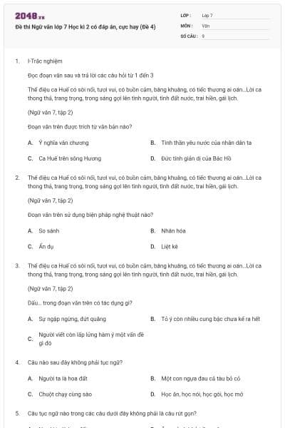 Đề thi Ngữ văn lớp 7 Học kì 2 có đáp án, cực hay (Đề 4)