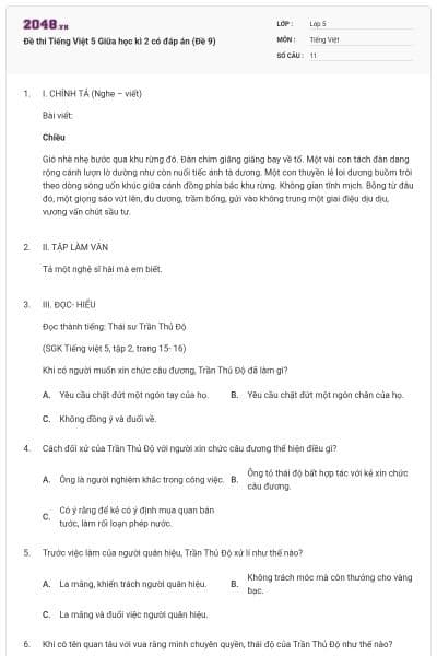 Đề thi Tiếng Việt 5 Giữa học kì 2 có đáp án (Đề 9)