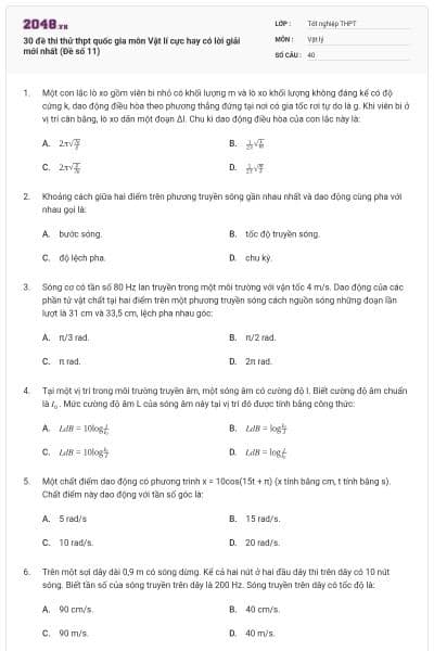 30 đề thi thử thpt quốc gia môn Vật lí cực hay có lời giải mới nhất (Đề số 11)