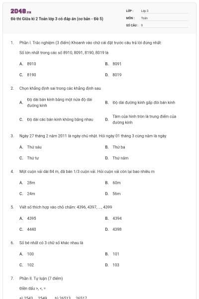 Đề thi Giữa kì 2 Toán lớp 3 có đáp án (cơ bản - Đề 5)