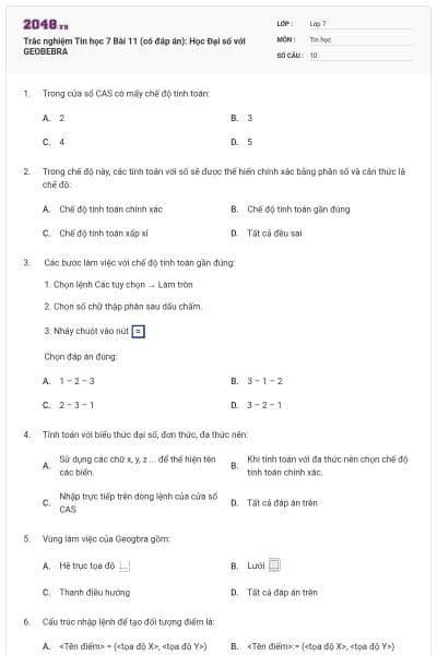 Trắc nghiệm Tin học 7 Bài 11 (có đáp án): Học Đại số với GEOBEBRA