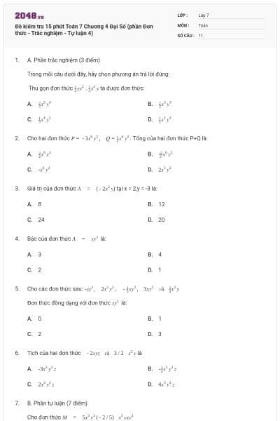 Đề kiểm tra 15 phút Toán 7 Chương 4 Đại Số (phần Đơn thức - Trắc nghiệm - Tự luận 4)