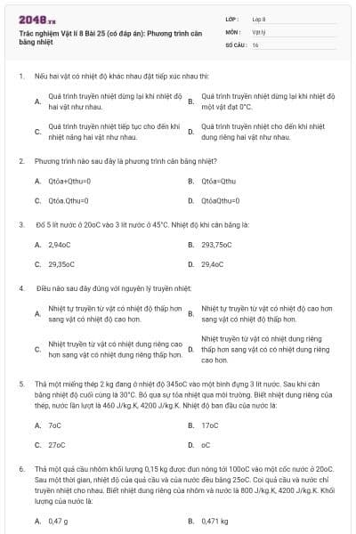 Trắc nghiệm Vật lí 8 Bài 25 (có đáp án): Phương trình cân bằng nhiệt