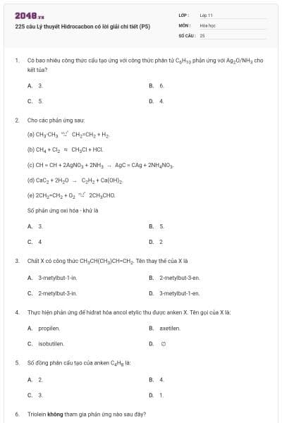 225 câu Lý thuyết Hidrocacbon có lời giải chi tiết (P5)