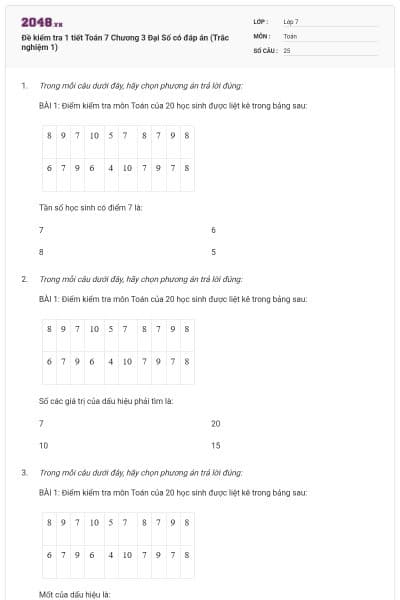 Đề kiểm tra 1 tiết Toán 7 Chương 3 Đại Số có đáp án (Trắc nghiệm 1)