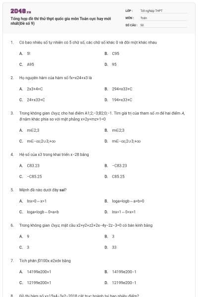 Tổng hợp đề thi thử thpt quốc gia môn Toán cực hay mới nhất(Đề số 9)