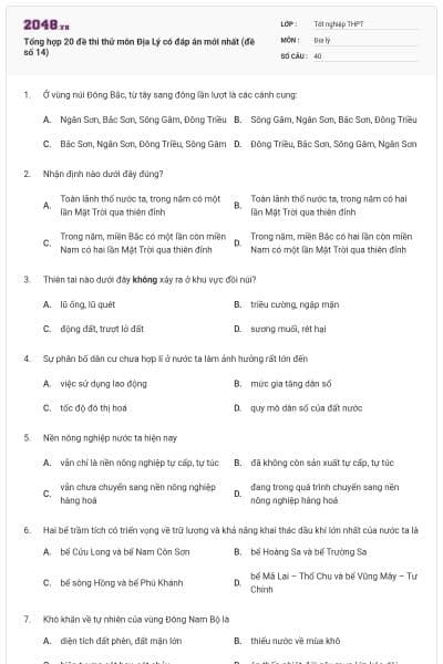 Tổng hợp 20 đề thi thử môn Địa Lý có đáp án mới nhất (đề số 14)