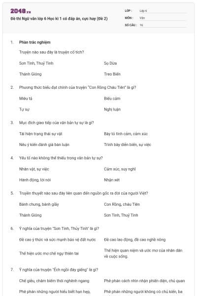 Đề thi Ngữ văn lớp 6 Học kì 1 có đáp án, cực hay (Đề 2)