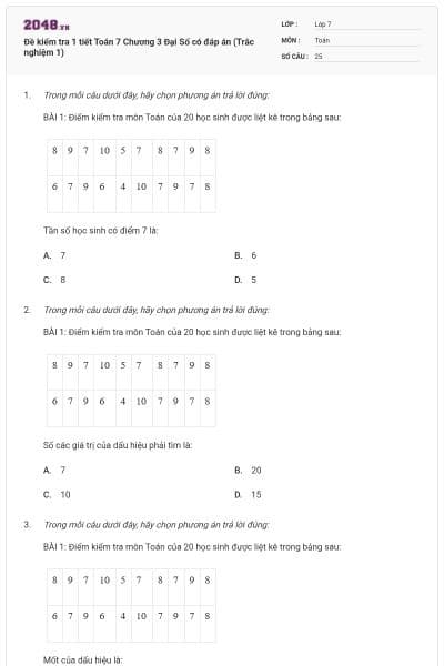 Đề kiểm tra 1 tiết Toán 7 Chương 3 Đại Số có đáp án (Trắc nghiệm 1)