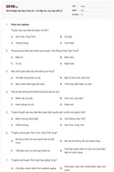 Đề thi Ngữ văn lớp 6 Học kì 1 có đáp án, cực hay (Đề 2)