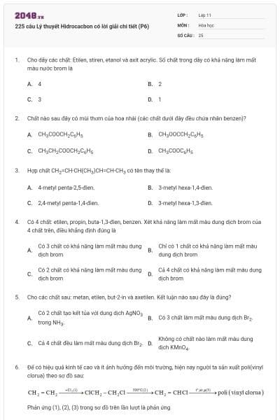 225 câu Lý thuyết Hidrocacbon có lời giải chi tiết (P6)