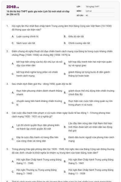 16 Đề thi thử THPT quốc gia môn Lịch Sử mới nhất có đáp án (Đề số 5)