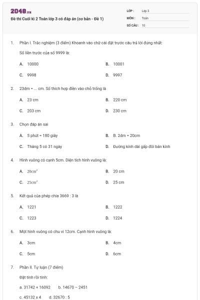 Đề thi Cuối kì 2 Toán lớp 3 có đáp án (cơ bản - Đề 1)
