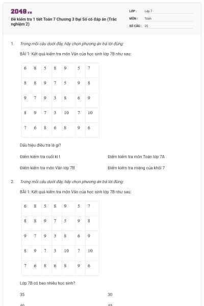 Đề kiểm tra 1 tiết Toán 7 Chương 3 Đại Số có đáp án (Trắc nghiệm 2)