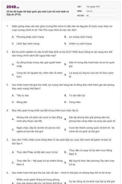 20 bộ đề luyện thi thpt quốc gia môn Lịch Sử mới nhất có đáp án (P10)