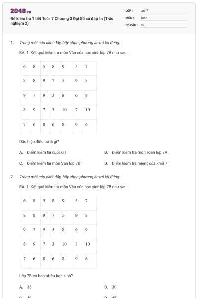 Đề kiểm tra 1 tiết Toán 7 Chương 3 Đại Số có đáp án (Trắc nghiệm 2)