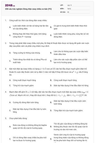 200 câu trắc nghiệm Dòng điện xoay chiều cơ bản (P3)